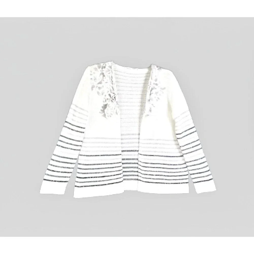 SKOVHUUS White Striped Cardigan Sweater Sz XL Gray Black Silver Stripes Italy - Picture 7 of 9